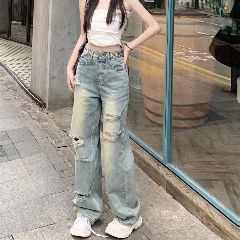 

Женские летние джинсы 2023 года с высокой талией и регулируемыми рваными широкими штанинами S