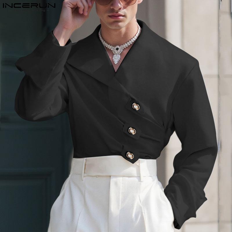 INCERUN Men Long Sleeve Front Cross Irregular Folding Ruffled Casual Tops Shirts