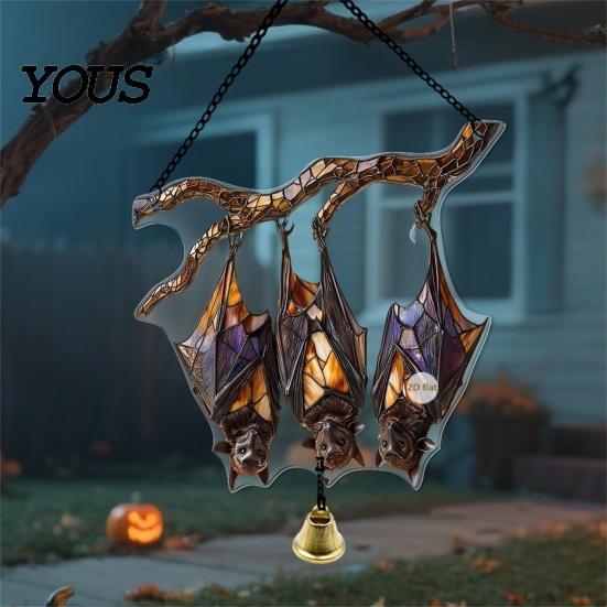 Acrylic Decoration with Bell Halloween 2D Chain, Bell, Stained Glass Ghost Bat Spooky Home Decorations Pumpkin Suncatcher Decor, Window Wall