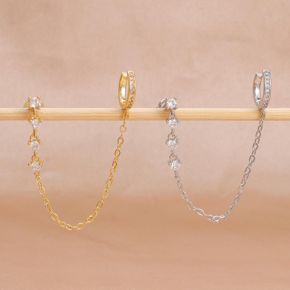 1PC Simple Stainless Steel Gold Color Chain Tassel Earring Zircon Stud Earrings Ear Clip Hypoallergenic Women's Jewelry