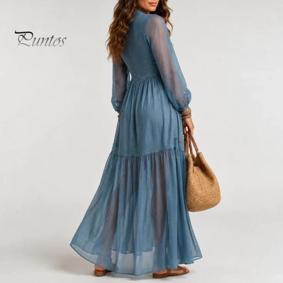 Versatile Women Dress Faux Denim Maxi Dress, Mesh Patchwork Long Sleeve Button Party Casual Down Shirt Loose Vintage Summer Simple Style