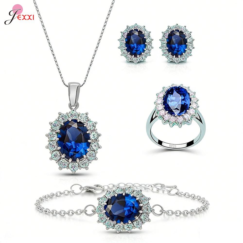 

4Pcs Luxury Jewelry Set For Women Oval Cut Red Blue Purple Green Zircon Necklace Earrings Bracelet Ring 925 Silver Fashion Gift