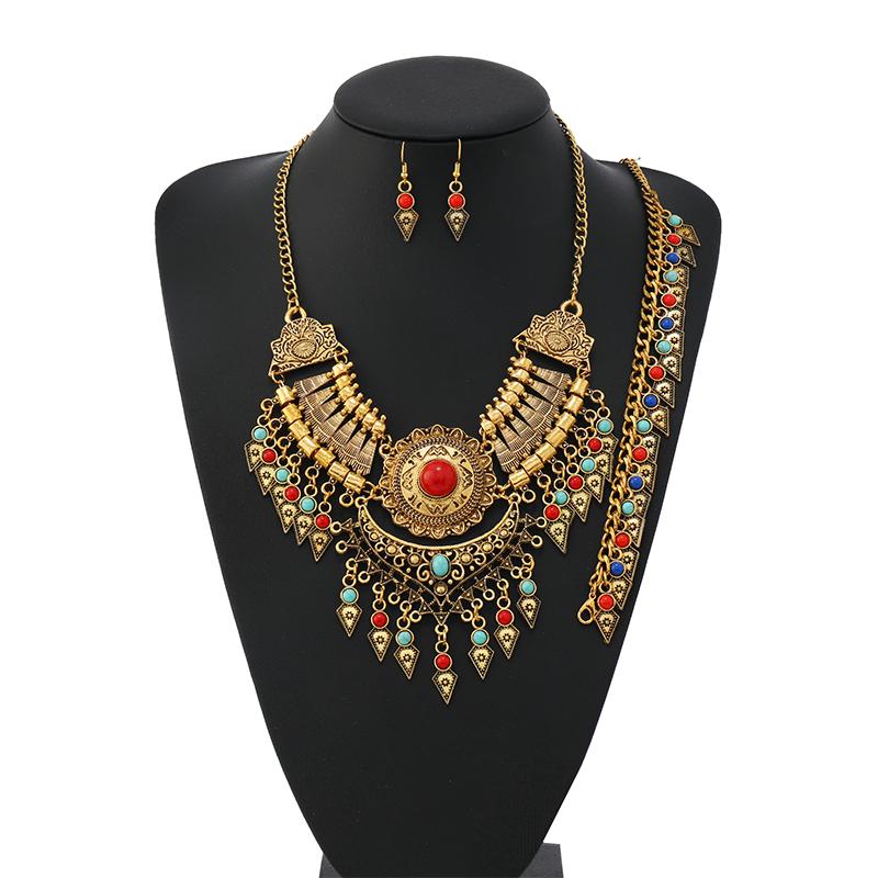 

New 3-Piece set Ethnic Retro Tassel Jewelry Set Sweater Chain Collar Chain Necklace Earrings Bracelet for Women
