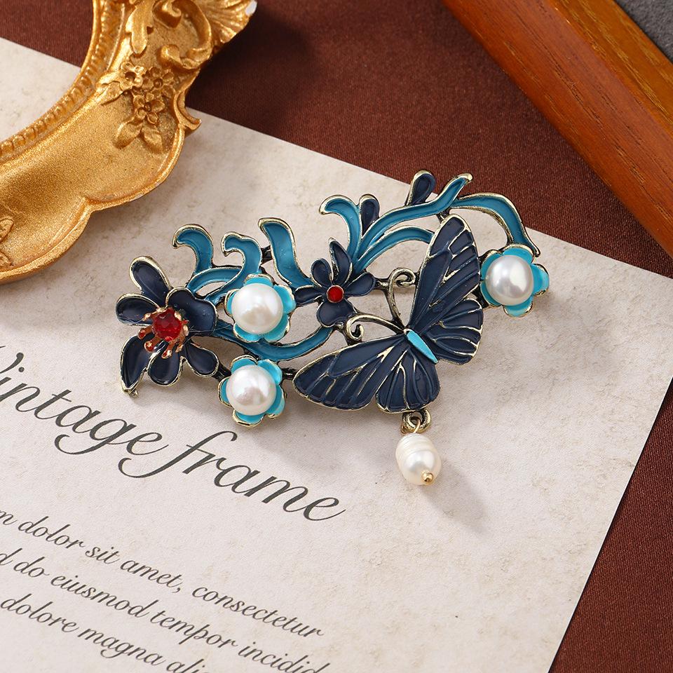 

Vintage Cloisonné Butterfly Brooch with Freshwater Pearl and Tassels - Chinese Style Peacock Phoenix Pin for Qipao Collar
