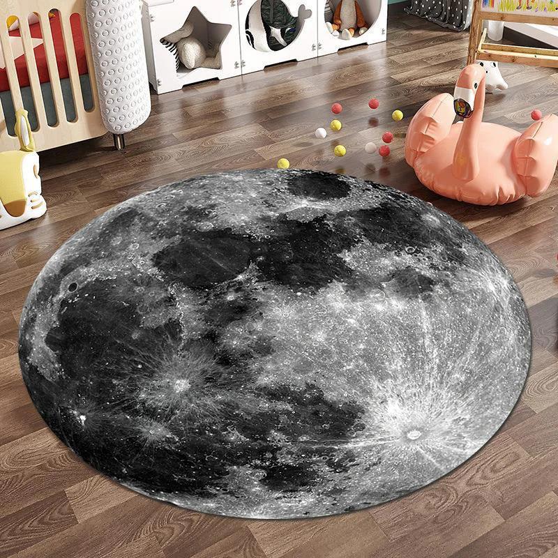 Earth & Moon Galaxy Print Round Carpet – Geometric Space Pattern Anti-Slip Rug for Living Room, Sofa, Coffee Table Decor
