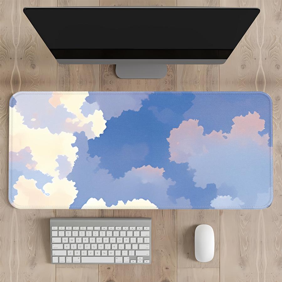 Starry Night Village Large Desk Mat, Blue Swirl Sky Moon Town Landscape Extended Gaming Mouse Pad, Non‑Slip Keyboard Table Mat