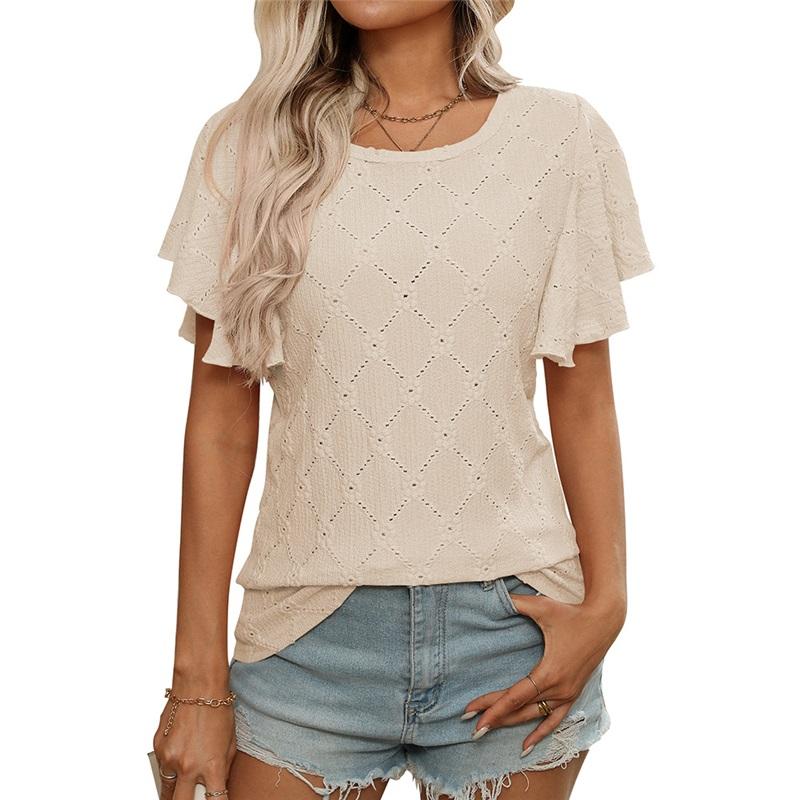 Women s Ruffle Sleeve Knit Top Hollow Out Round Neck Summer Tee L абрикосовый