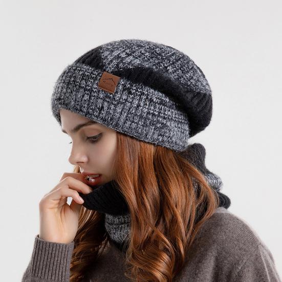 Yousheng 2 Pcs/Set Men Winter Hat Neck Warmer Thick Knit Stretchy Contrast Color Ear Protection Keep Warm Daily Wear Dome Cap Outdoor Skiing Skating