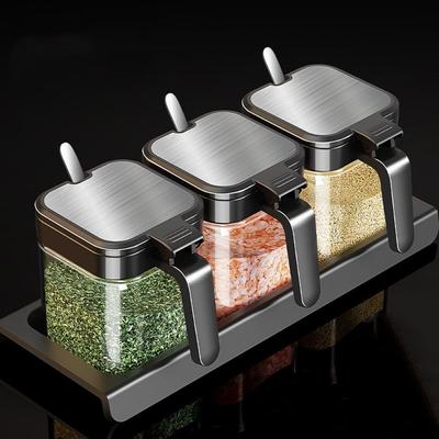 4Pcs with Spoon Seasoning Box Set Glass Spice Containers Combination Seasoning Jars Sugar