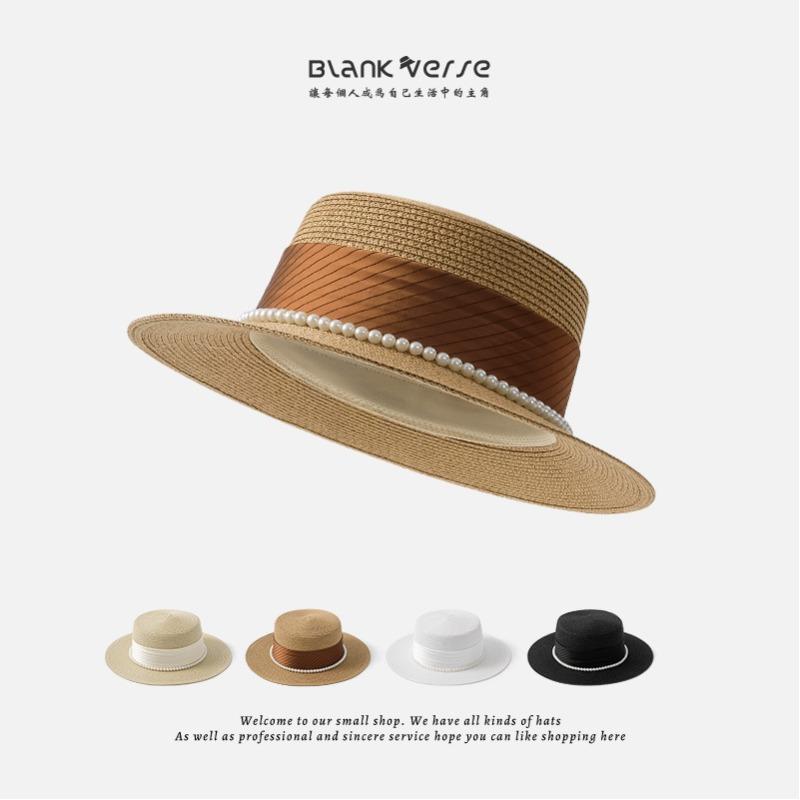 Spring and Summer Elegant Pearl Straw Seaside Sunscreen Sunshade Female Retro Celebrity Elegant Flat Top Top Top Top Hat
