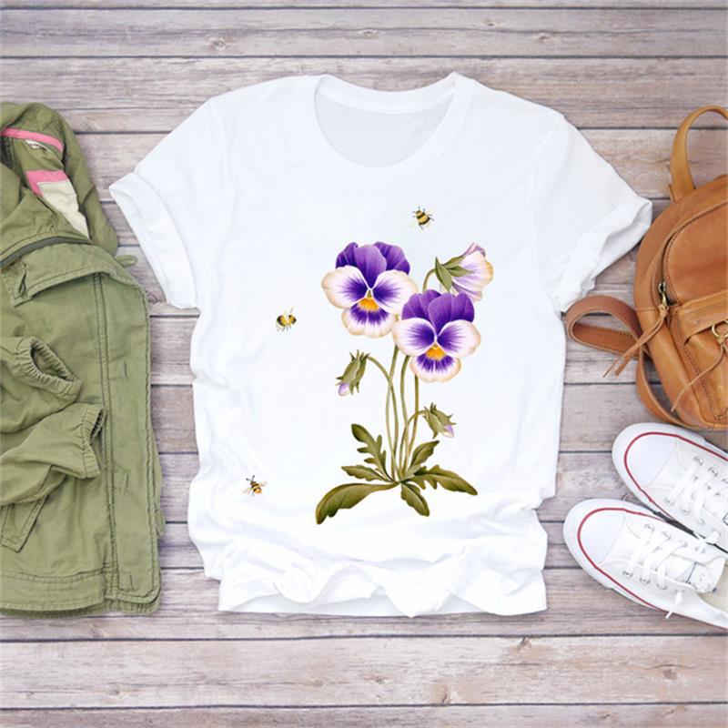Casual Flower Graphics Women's T-Shirt 90S Summer Blouse Short Sleeves Tees Loose White O-Neck Shirts Female Tops Kpop Clothing
