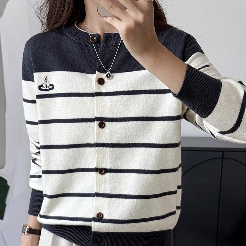 

Жіночий корейський кардиган з вишивкою в смужку з кольоровими блоками - осінньо-зимовий светр з круглим вирізом XXL