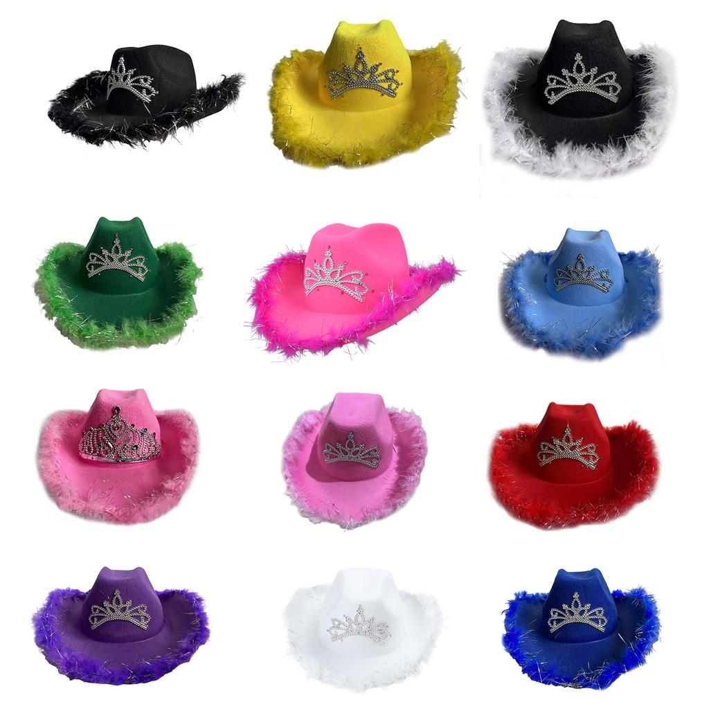 Wedding Party Cowboy Hat Adult Woman LED Feather Tinsel Brim Hat Fedoras Felt Cowboy Hat with Rhinestone Crown Decor
