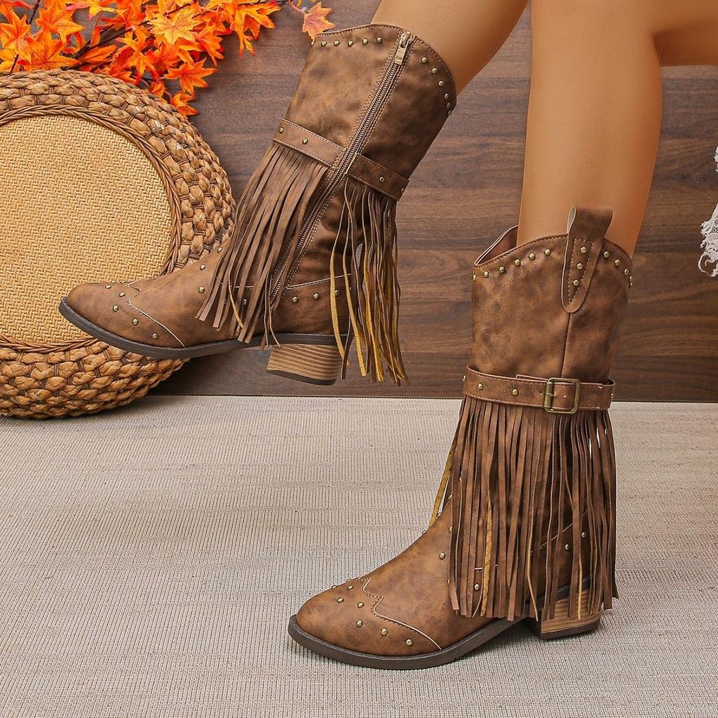 Pointed Toe Tassel Middle Heel Rivet Mid Calf Shoes Woman Spring Autumn Half High Boots for Women New Rock Footwear On Promotion