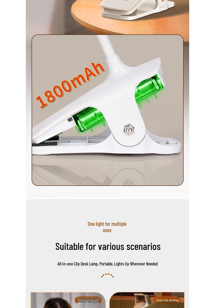 Clip-on Desk Lamp with Long Battery Life, Eye Protection, Dual Charging Options, and Bedside Use