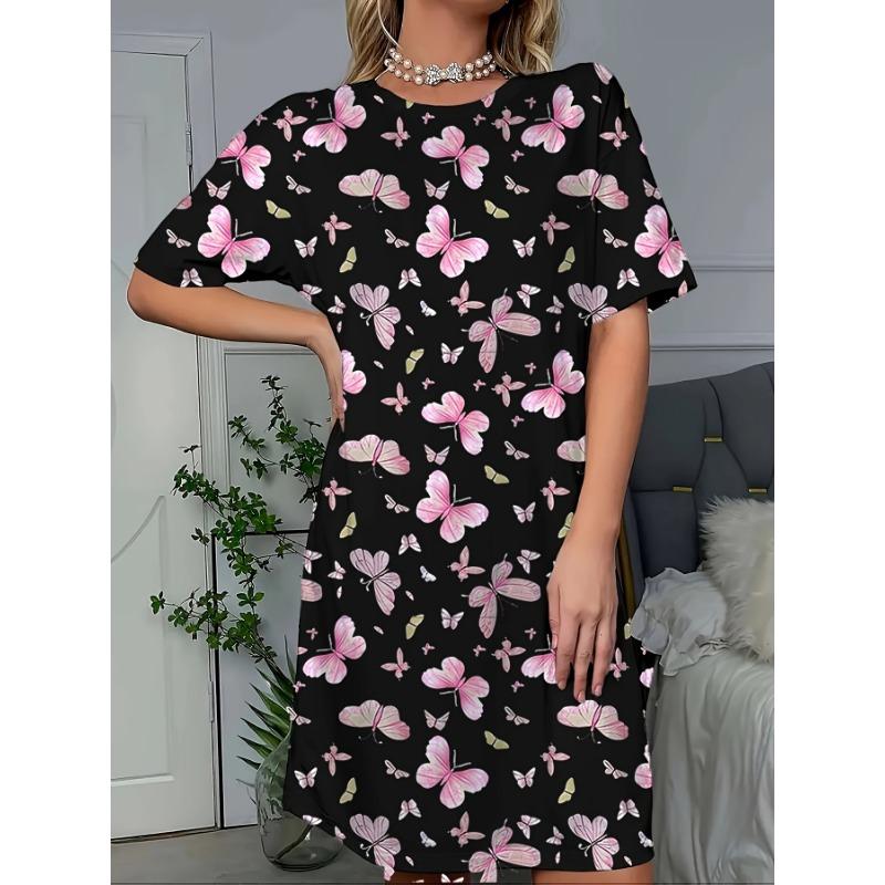 Women'S Butterfly Print Dress & Multicolor Floral-like pattern Woman Clothing Round Neck Short Sleeve Sleepwear Y2k Clothes Top