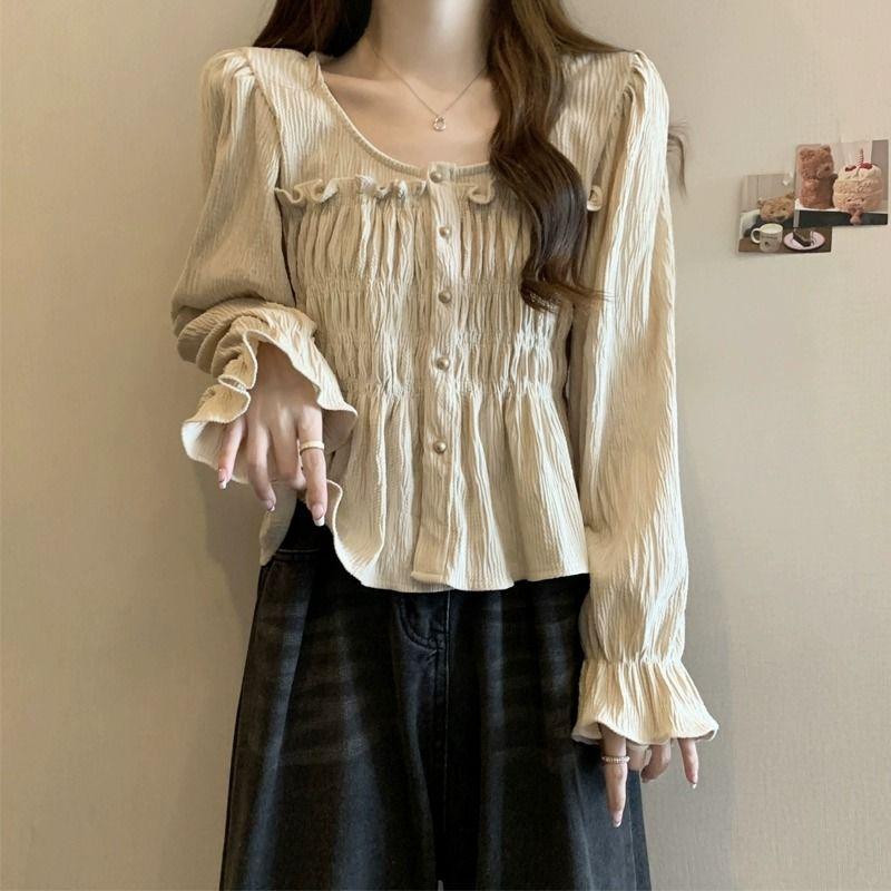 

Рубашка в винтажном стиле во французском стиле, весна-осень, новая, однобортная, женская, элегантная, с квадратным воротником, модная блузка с оборками 4XL абрикосовый