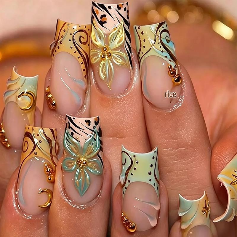 3D Pink Flower Leopard Print Detachable Wearable Nail Tips - European & American Design