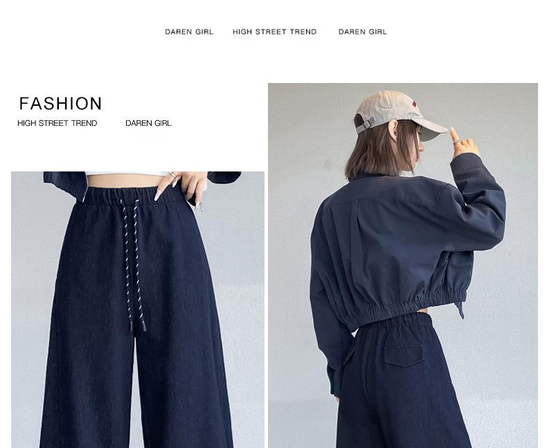 Women's Blue High-Waisted Slim-Fit Wide-Leg Pants - Pear-Shaped, Slimming, Loose Casual Trousers for Autumn 2025.