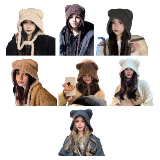 Winter Cute Bear Ears Knit Hat for Women Fuzzy Slouchy Crochet Hat Soft Plush Warm Hat with Ear Flap