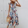Elegant Bohemia Printed Belted Dress for Women V Neck Summer Fashion  Beach Dress
