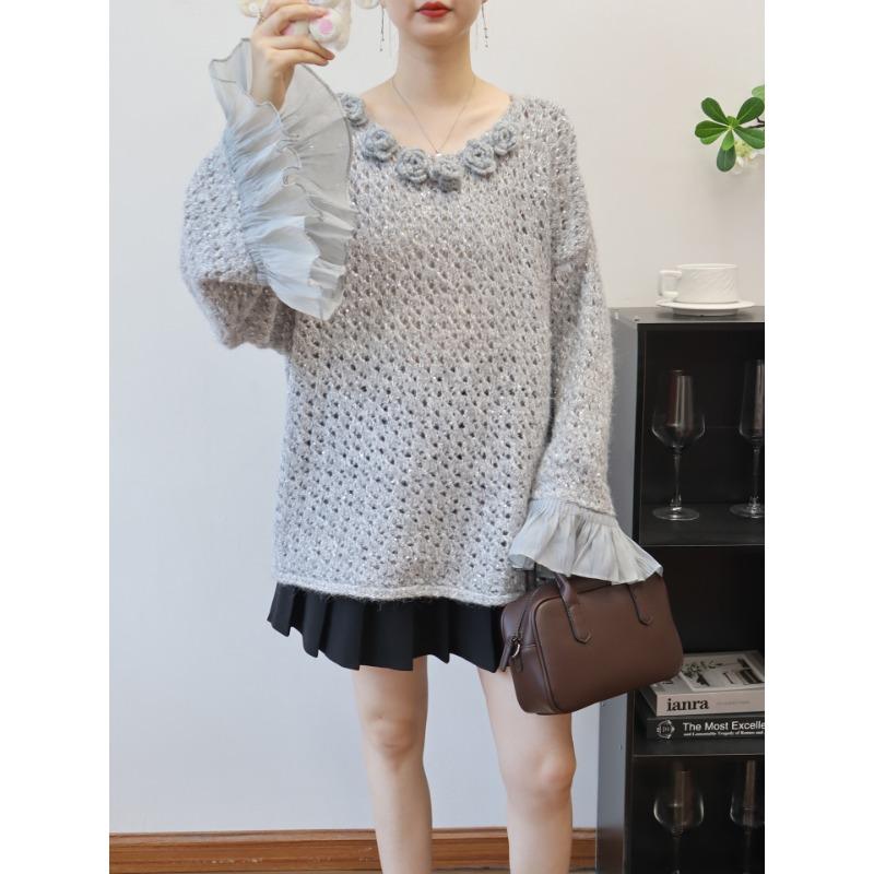 Three-dimensional flower hollow sequin loose knitted sweater top autumn and winter new splicing mesh sweater pullover women