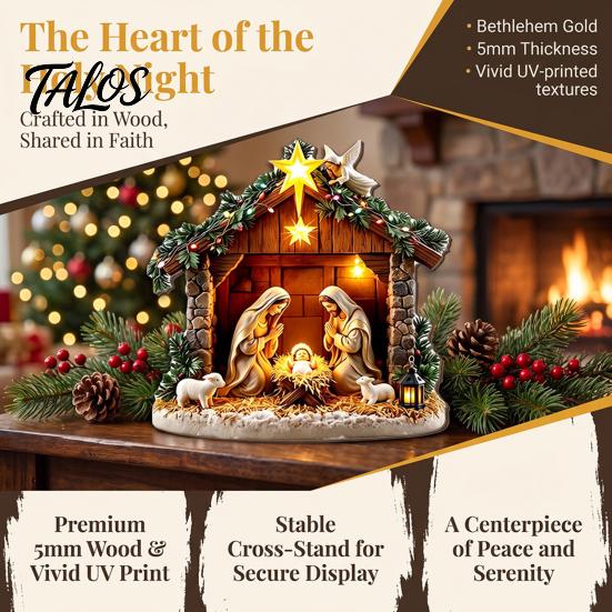 Christmas Religious Theme Decor Nativity Scene Wooden Tabletop Sign, Manger Holy Family Figurine Decor, Teak Wood Jesus Birth Figurines Xmas