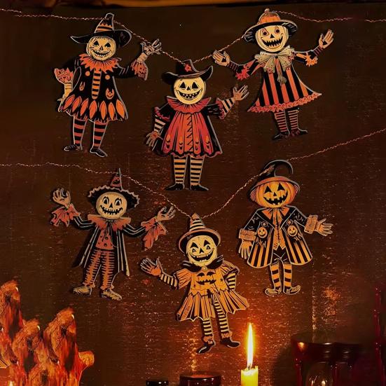 2 Pcs Halloween Vintage Bunting Banner Wooden Witch Pumpkin Scarecrow Hanging Banner Garland for Halloween Party Horror Home Wall Decor