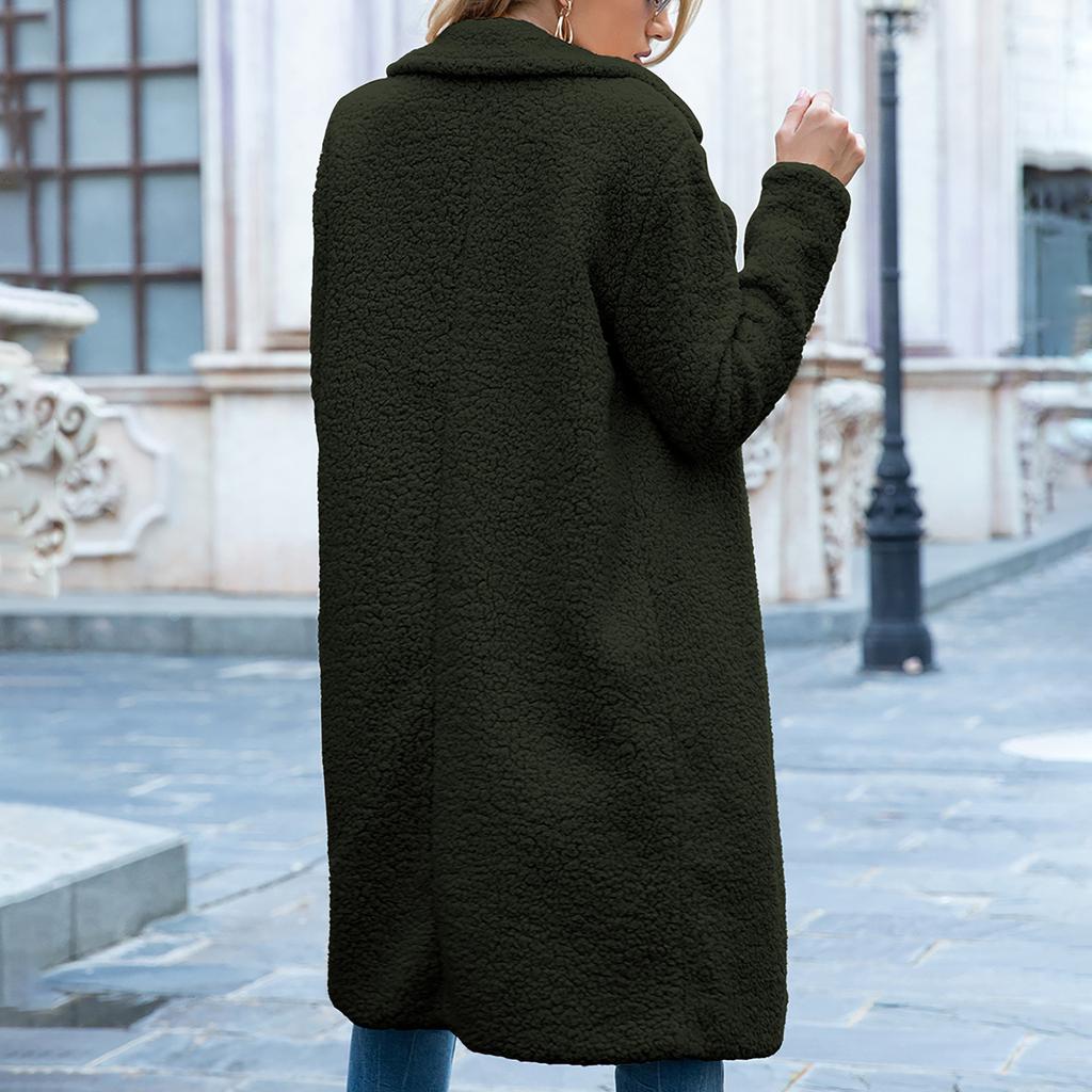 Women's  And Winter Loose Solid Color Stitching Long-sleeved Lapel Lambskin Extended Version Warm Cardigan Coat
