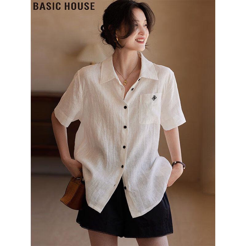 Basic House Women s Embroidered Linen Short-Sleeve Shirt S