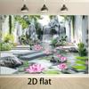Elegante Chinesische Gartendekoration Seerosenteich mit Wasserfall, Grünpflanzen und Steintreppen Party Hintergrund Banner