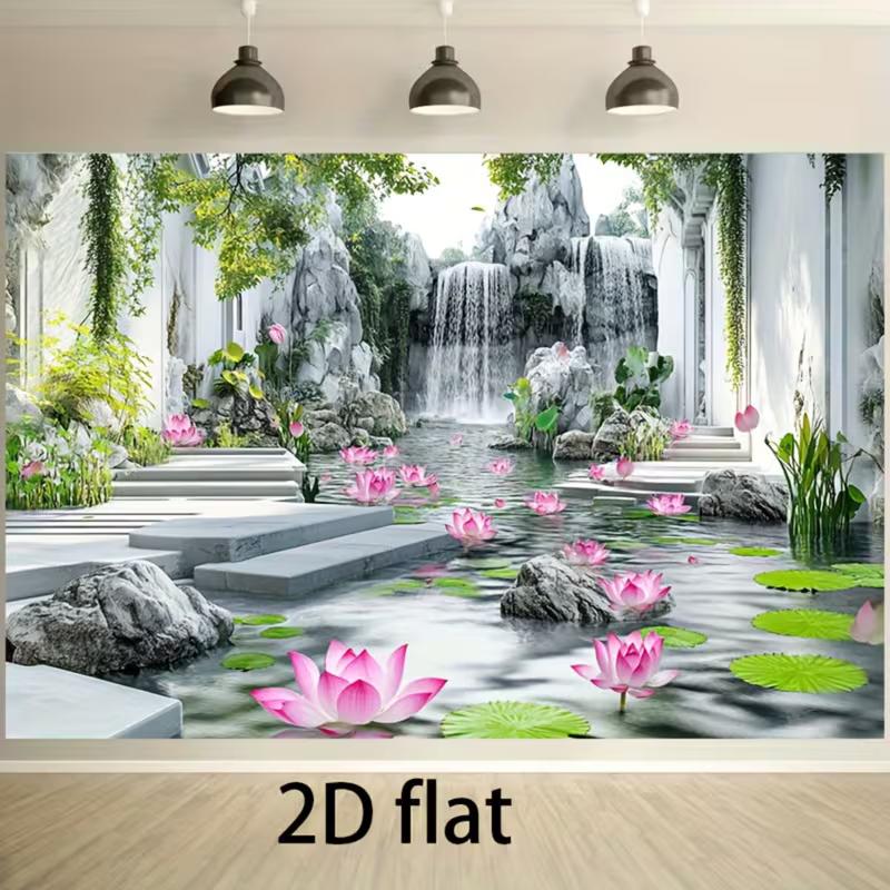 Elegante Chinesische Gartendekoration Seerosenteich mit Wasserfall, Grünpflanzen und Steintreppen Party Hintergrund Banner