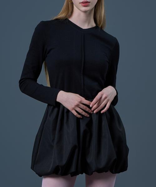 Sitipabjeu [Cp] Balloon Setup Plain Long Sleeve Mini Dress [Black]