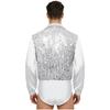 Mens Latin Ballet Dance Bodysuit Glittery Sequined Bodice V Neck Satiny Long Sleeves Buttoned Crotch Leotard