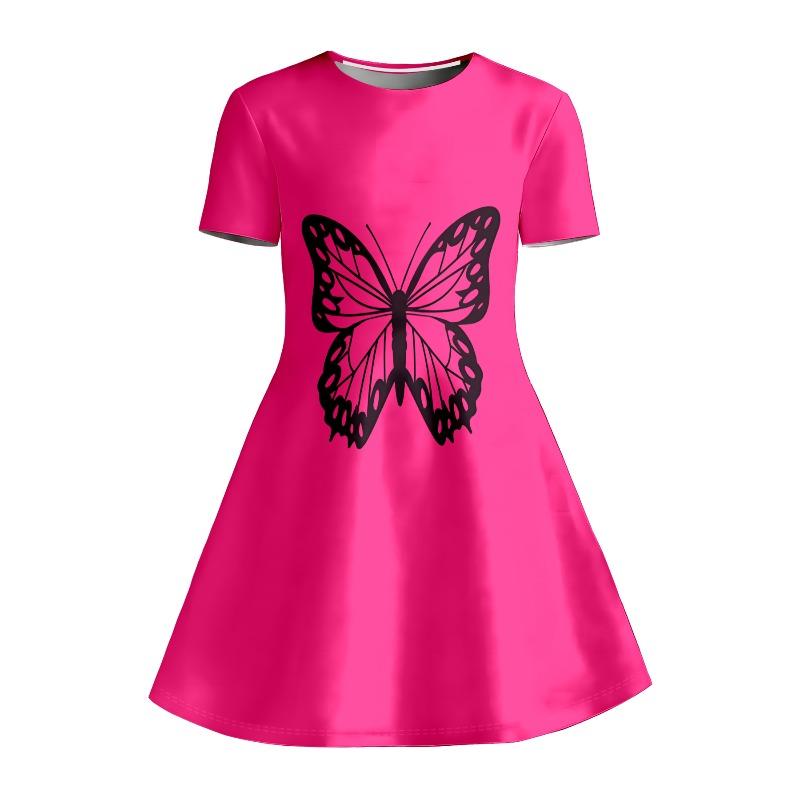 Girl's Pink Butterfly Print Dress Short Sleeved Casual A-line Children's Swing Dress Suitable for Birthdays and Parties