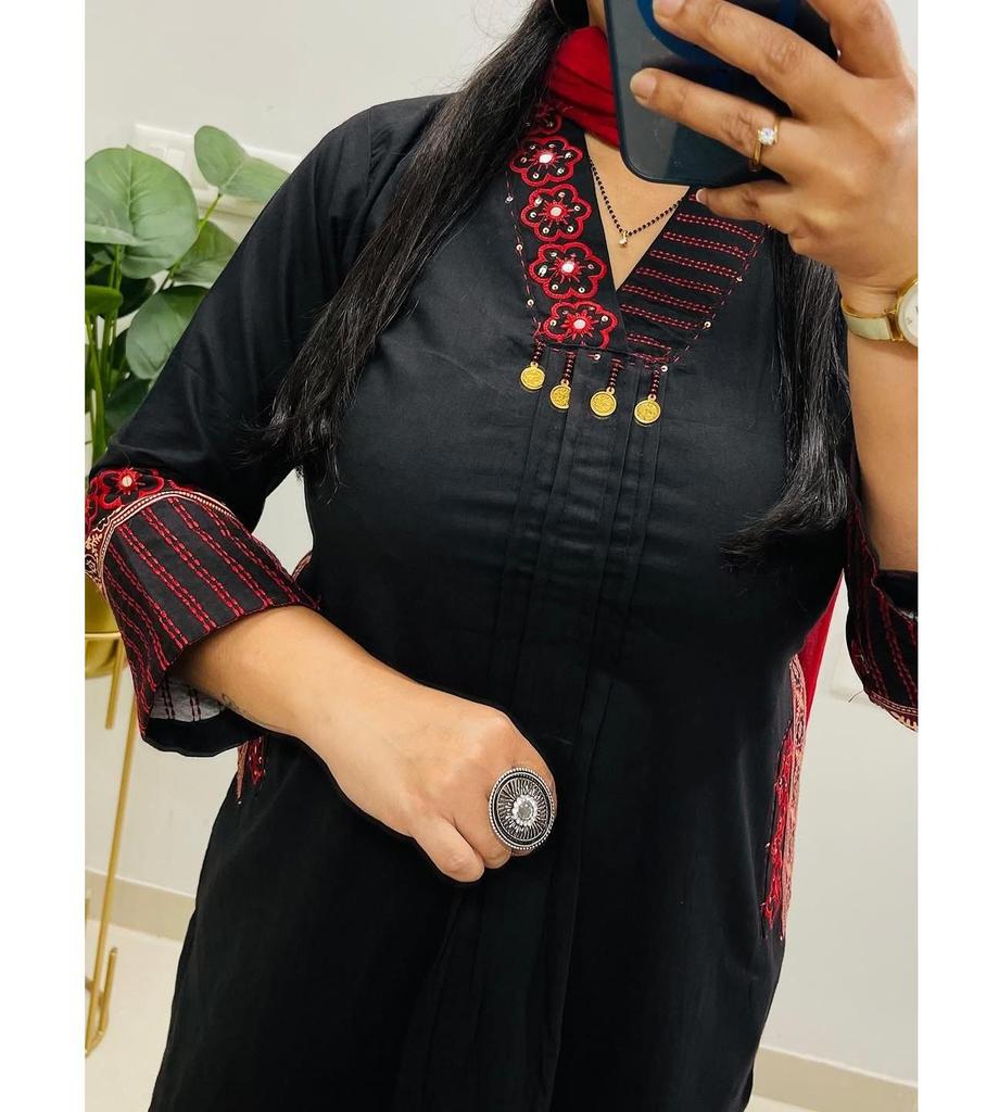 Beautiful V-neck Cotton Kurta Pant Dupatta Set Women Bollywood Top Tunic Salwar Suit