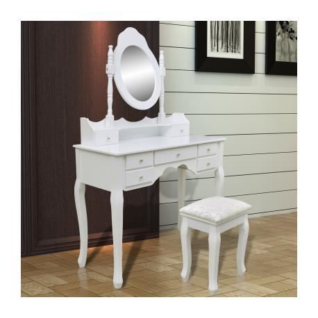 VidaXL Coiffeuse avec miroir et tabouret 7 tiroirs Blanc