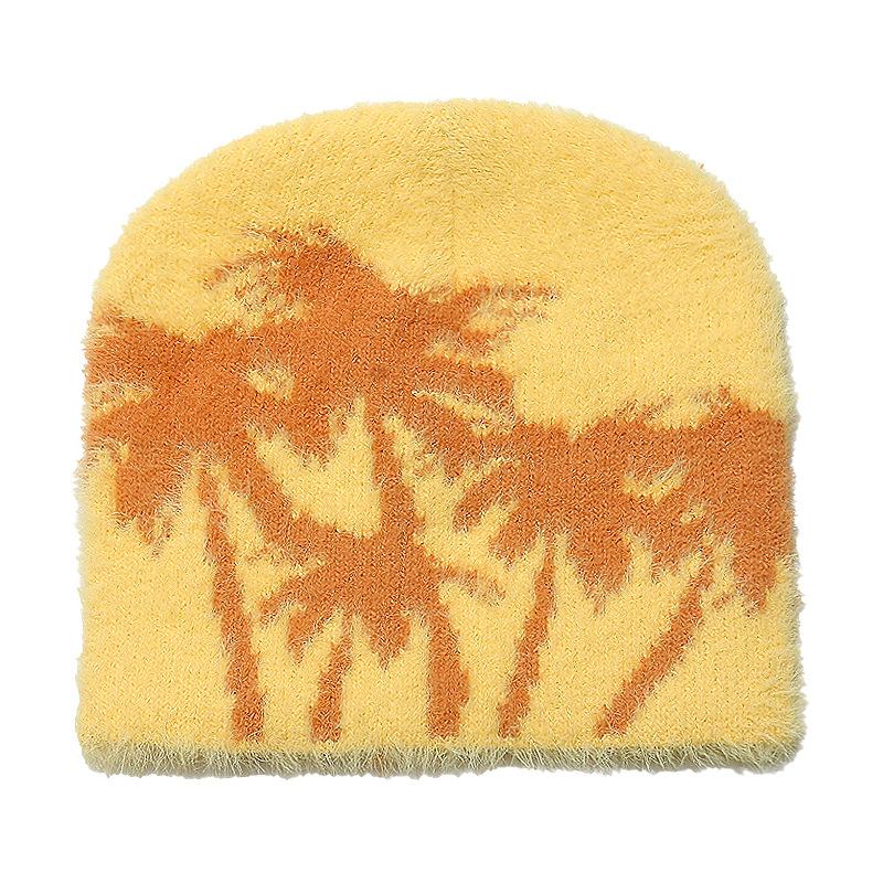 Autumn and winter thermal hat women's outdoor plush beanie hat brimless cap coconut tree jacquard wool hat imitation mink hair
