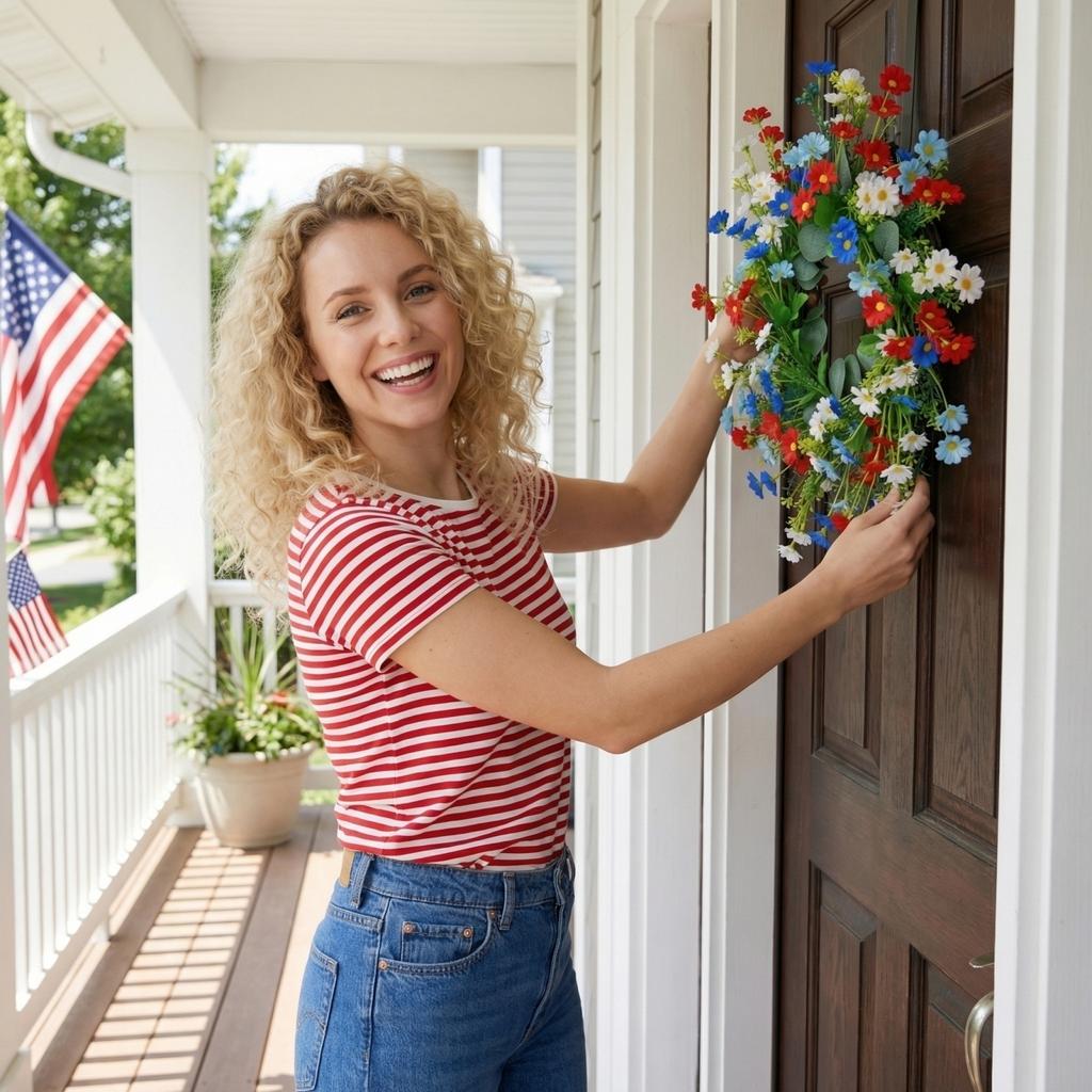 45cm Patriotic Decorative Red, And Blue Wreath – Front Door Wreath / Door Hanging – Independence Day Decoration