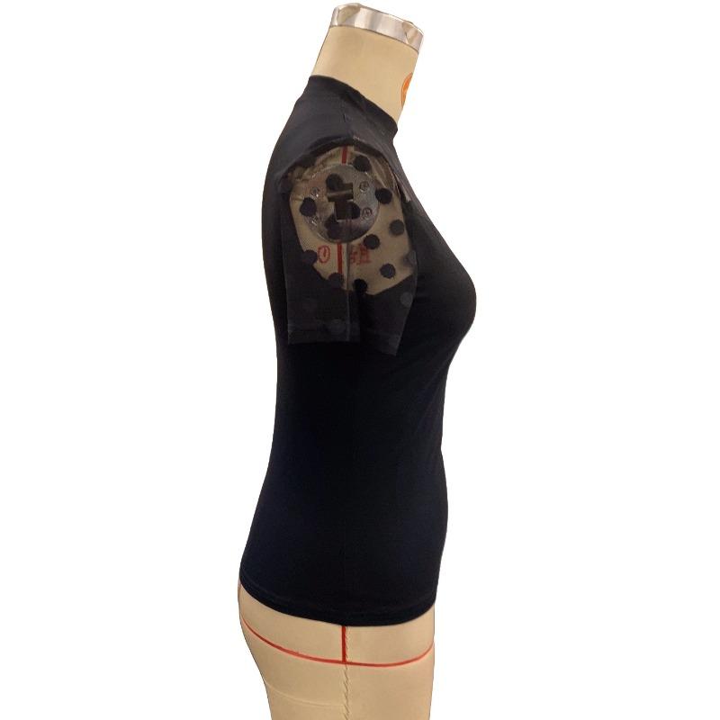 Women's New Sexy Mesh Splicing Small Stand-up Collar Short-sleeved New T-shirt Thin Tops