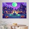 1 2D flaches Halloween-Kürbisdorf-Hintergrundstoff, mit einem Mond und einem Brunnen | Horror-Partydekoration