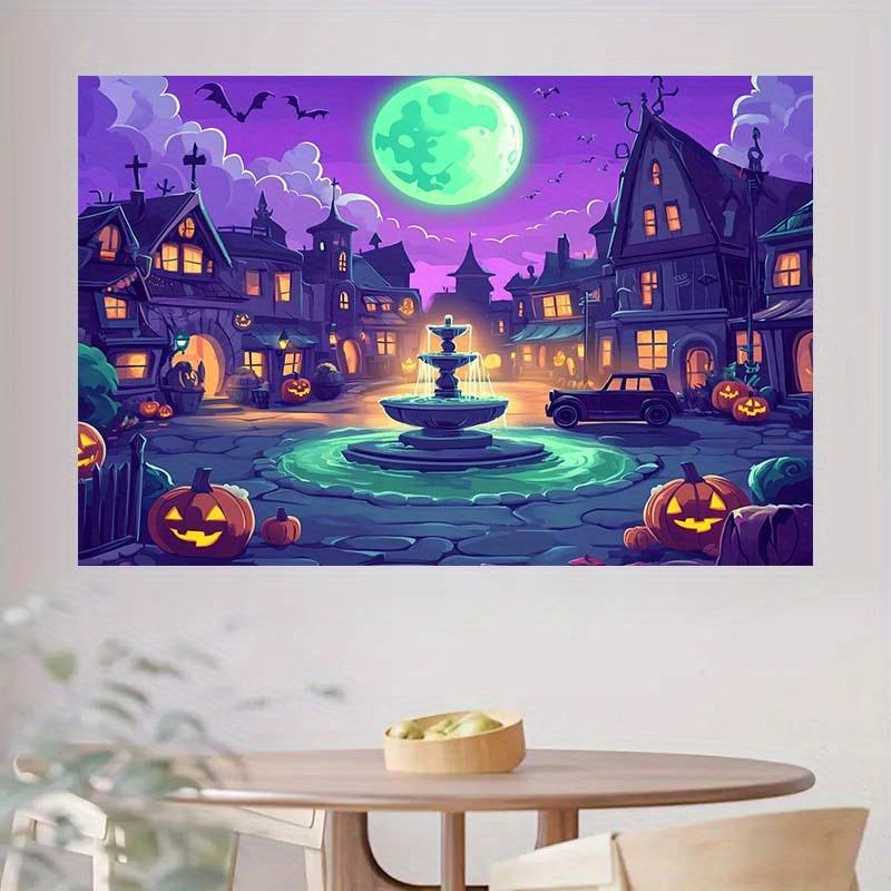 1 2D flaches Halloween-Kürbisdorf-Hintergrundstoff, mit einem Mond und einem Brunnen | Horror-Partydekoration
