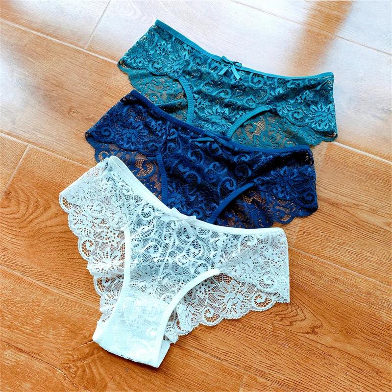 

3pcs Lace Briefs Underwear Set for Women Cotton Crotch Female Underpants Hollow Out Panties Plus Size Briefs L&3pcs