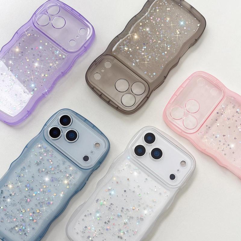Glitter Star Sequins Wave Edge Clear Case For iPhone 17 Air 16 16E 15 14 13 12 11 Plus Pro Max Lens Protective Silicone Cover