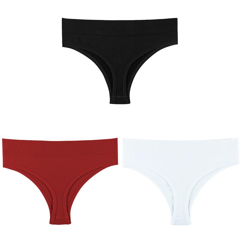 Women Solid 3PCS/Set Panties Sexy Middle Waist G-String Thong Femal Soft Nylon Lingerie Stretch T-Back Thong Underwear