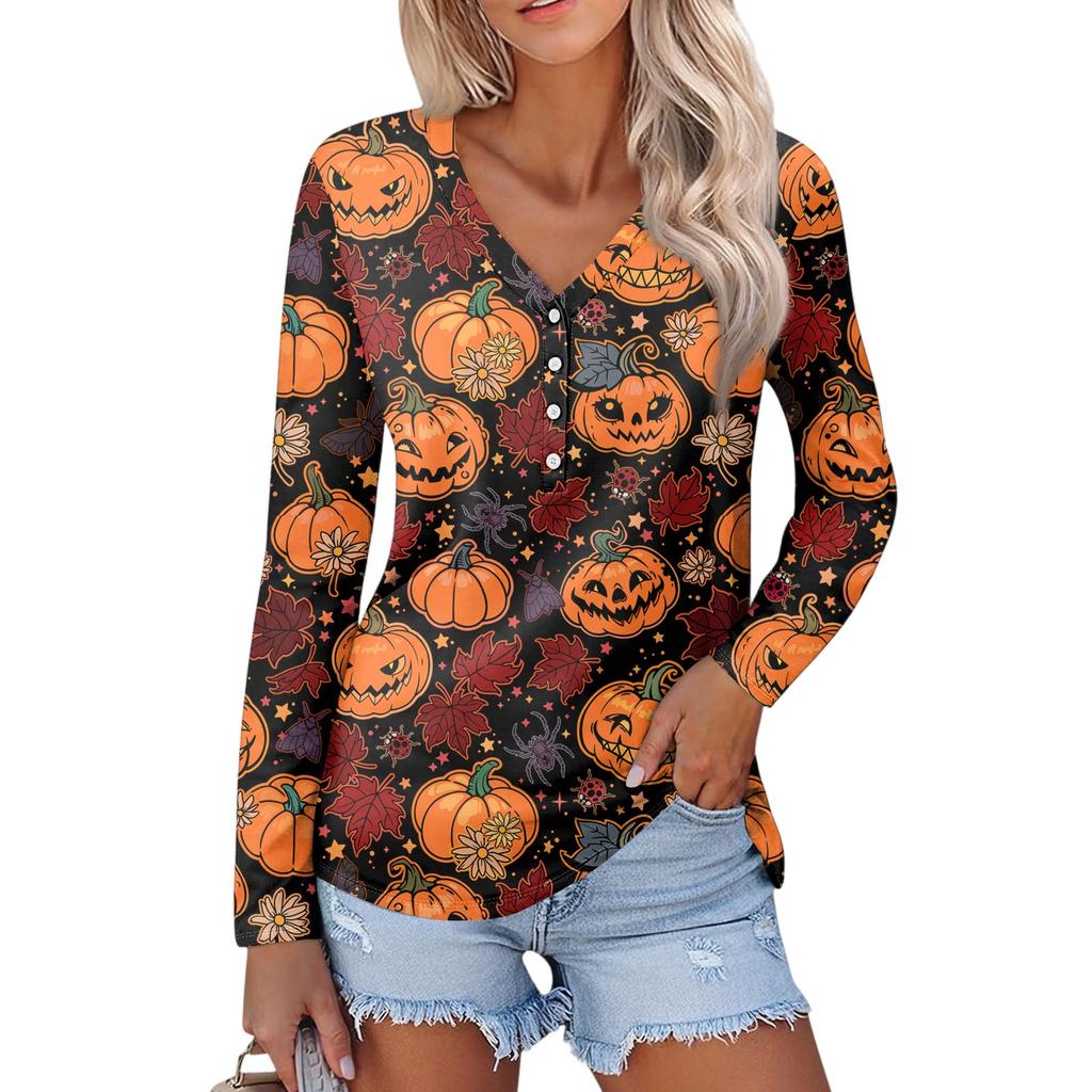 Women's Casual Fashion Sexy Comfort Halloween Printed V-Neck Button Long Sleeve