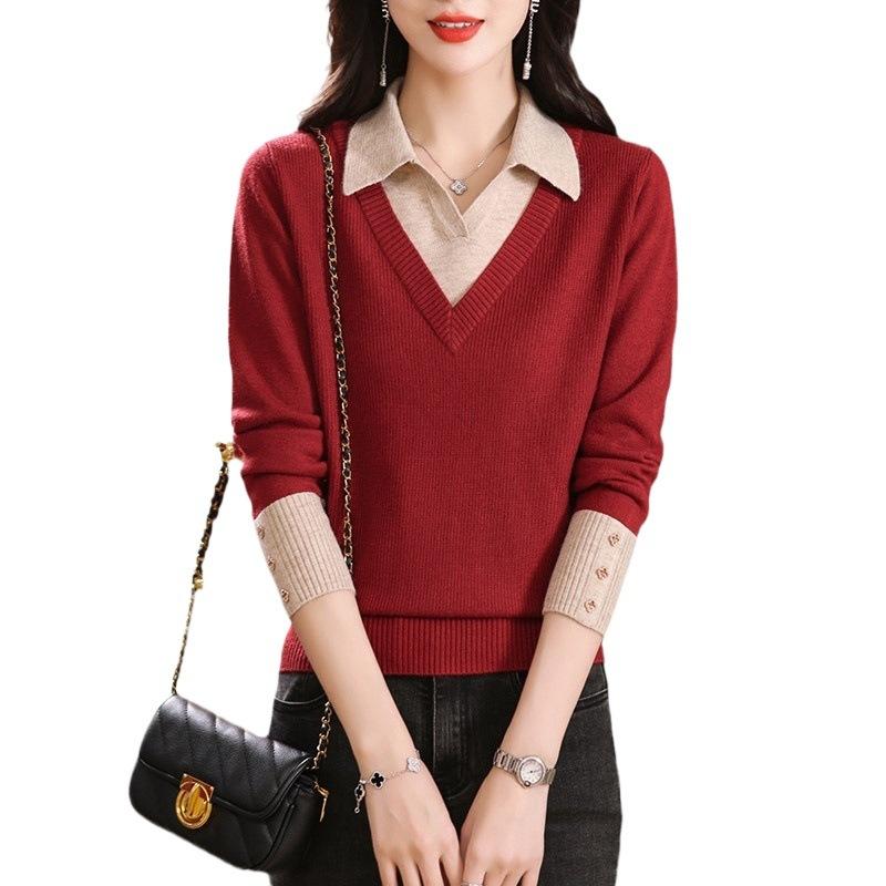 Polo Collar Fake Two-piece Long-sleeved Knitted Sweater Women's New Autumn Knitted Top Foreign Relaxed Fit Top