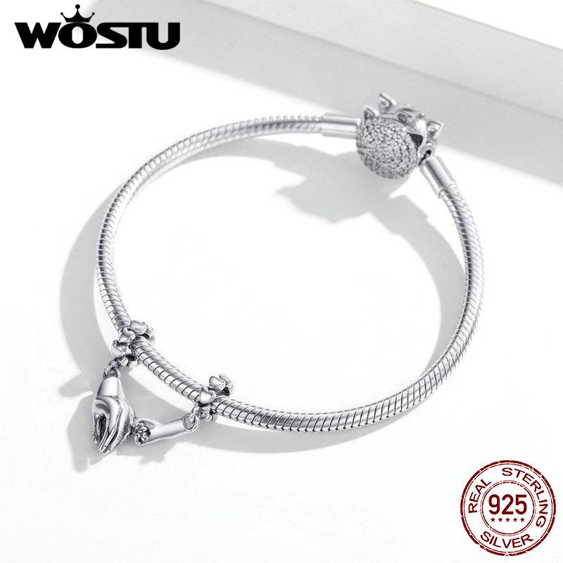 WOSTU 925 Silver Hand In Hand Bead Special Charm Fit Original Bracelet DIY Making Necklace Pendant Jewelry CQC1700