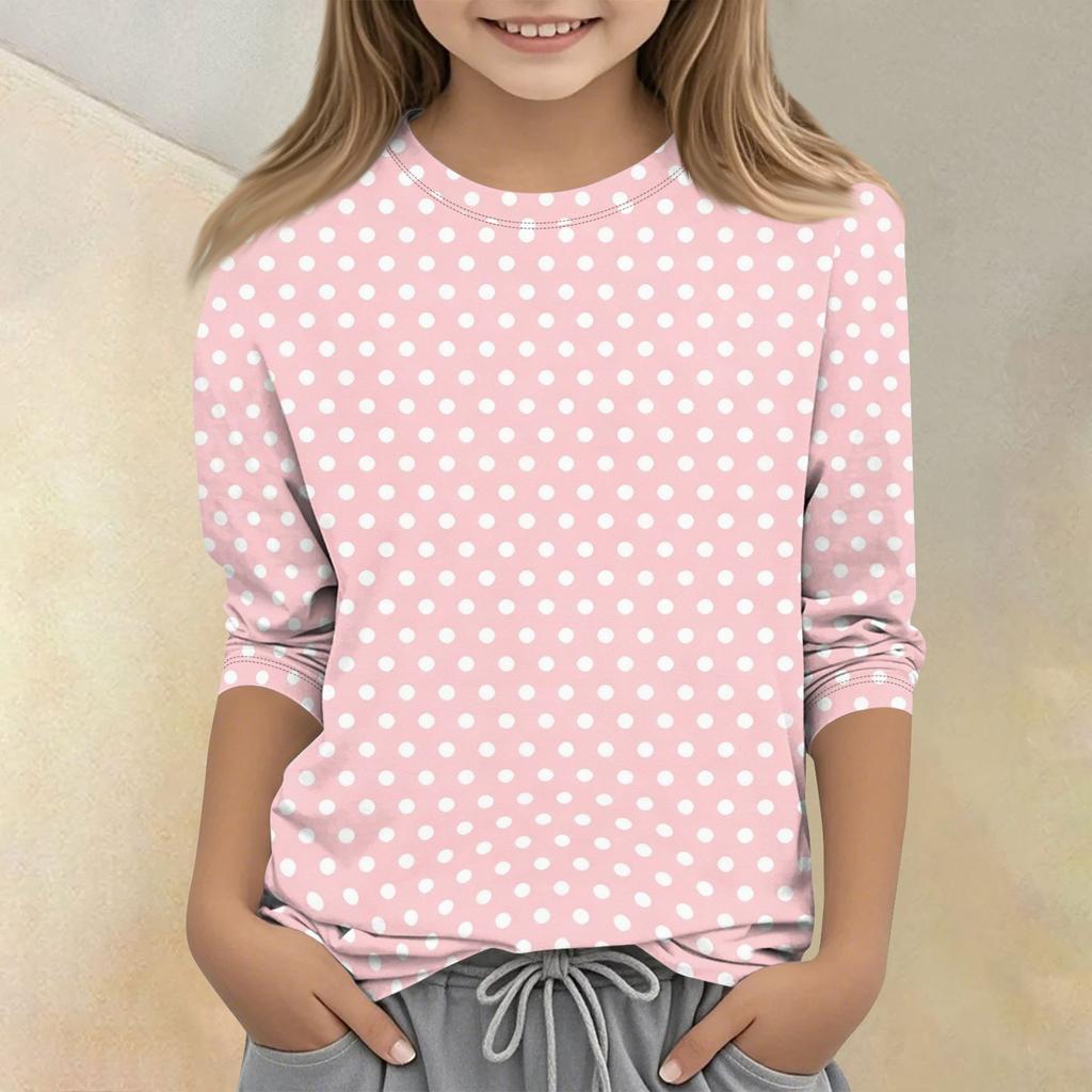 Kids Polka Dot Print Crew Neck Three Quarter Sleeve Casual T Shirt Lightweight Soft Fabric Comfortable Fit for Everyday Wear