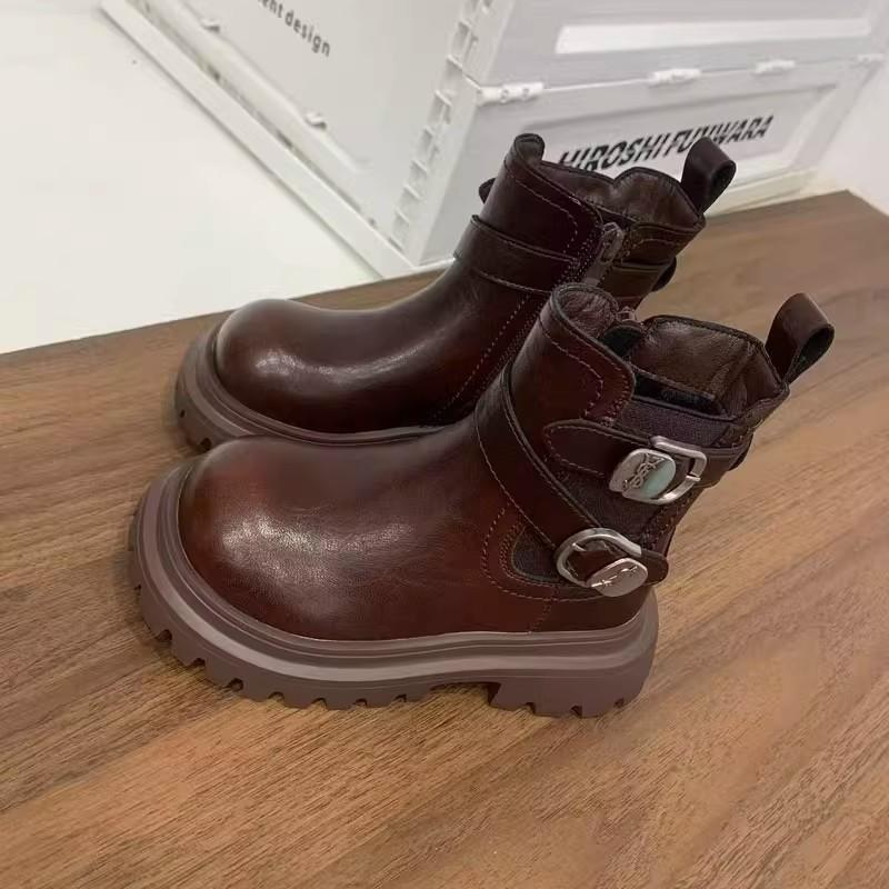 Autumn/Winter Fashionable and Versatile Leather Boots for Girls British Style Fleece-lined Short Boots Non-slip Soft-soled Cotton Boots